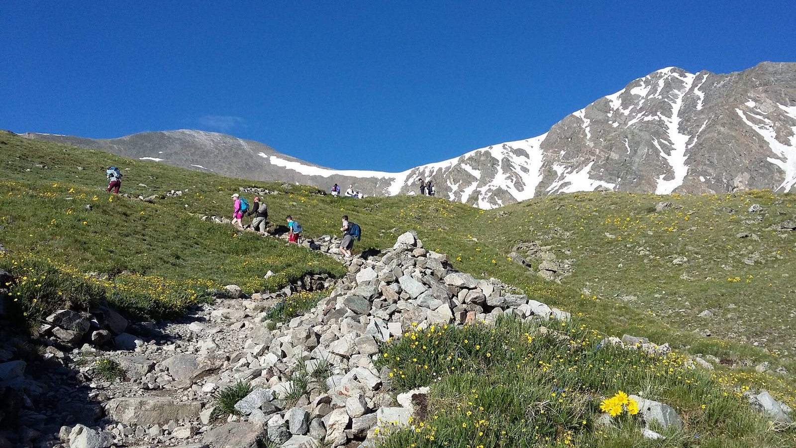 Hikers approaching Grays and Torreys Peaks on an early Colorado morning